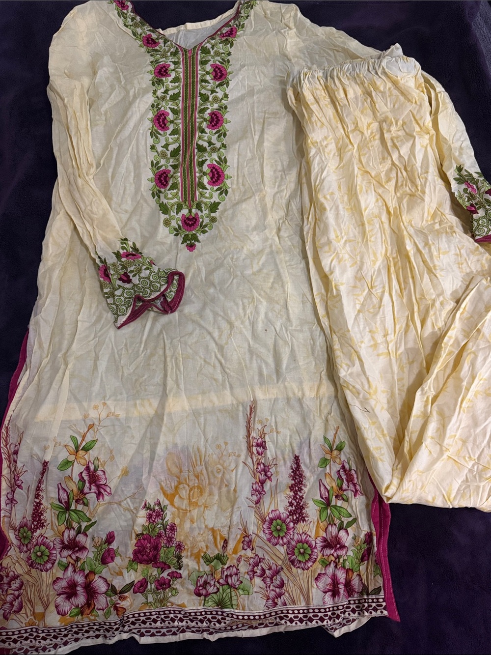 Light butter yellow Floral salwar kameez with Pink & Green Accents